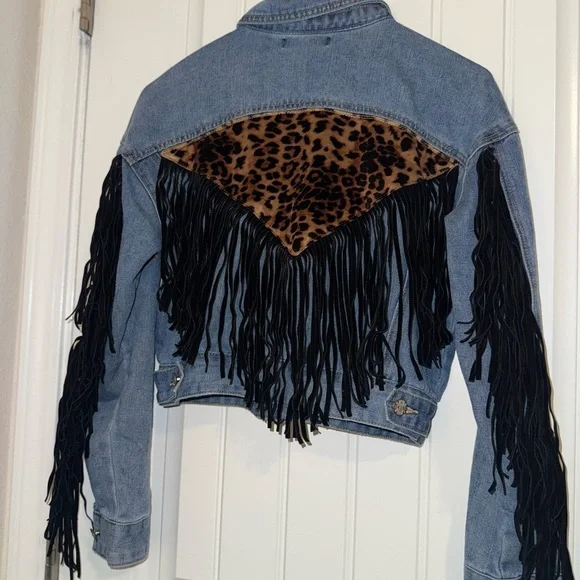 SHEIN Jean Jacket Blue and Black with Fringe and Animal Print - Picture 11 of 13